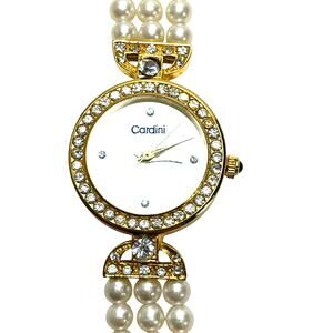 Vntg Luxury Cardini Gold Tone Womens Wrist Watch UNTESTED Simulated Pearl Band